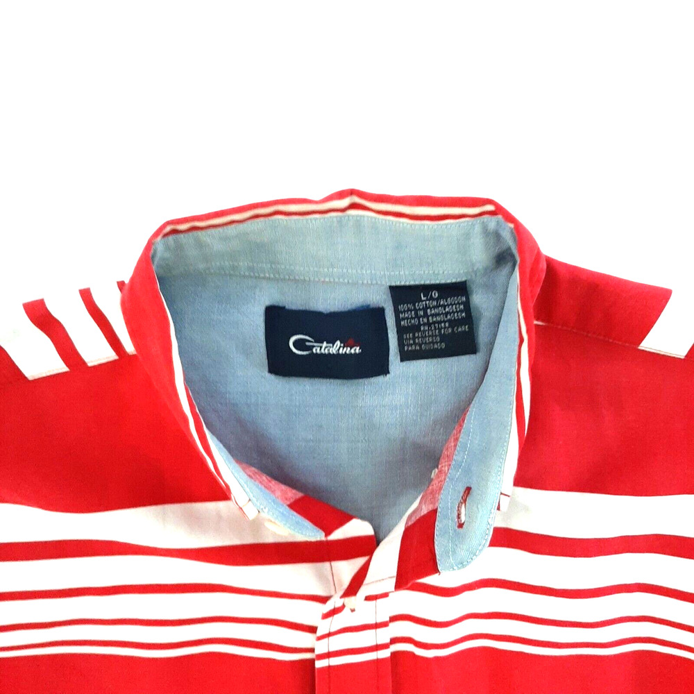 Catalina Vtg Wide Striped Mens Button Down Shirt Size Large Patriotic Red White - Picture 4 of 4